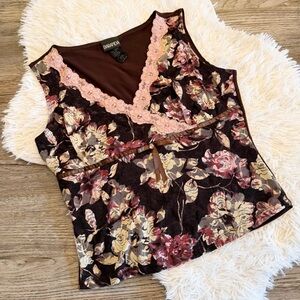 Baranda Vintage Brown Floral Mesh Lace Trim Tank Top Y2K 2000s Fairy Garden